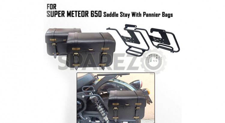 Fit For Royal Enfield Super Meteor 650 Pannier Bags With Saddle Stay Black - SPAREZO